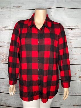 Denim & Co. NWOT 1X Red & Black Buffalo Plaid Heavenly Jersey Button Down Shirt